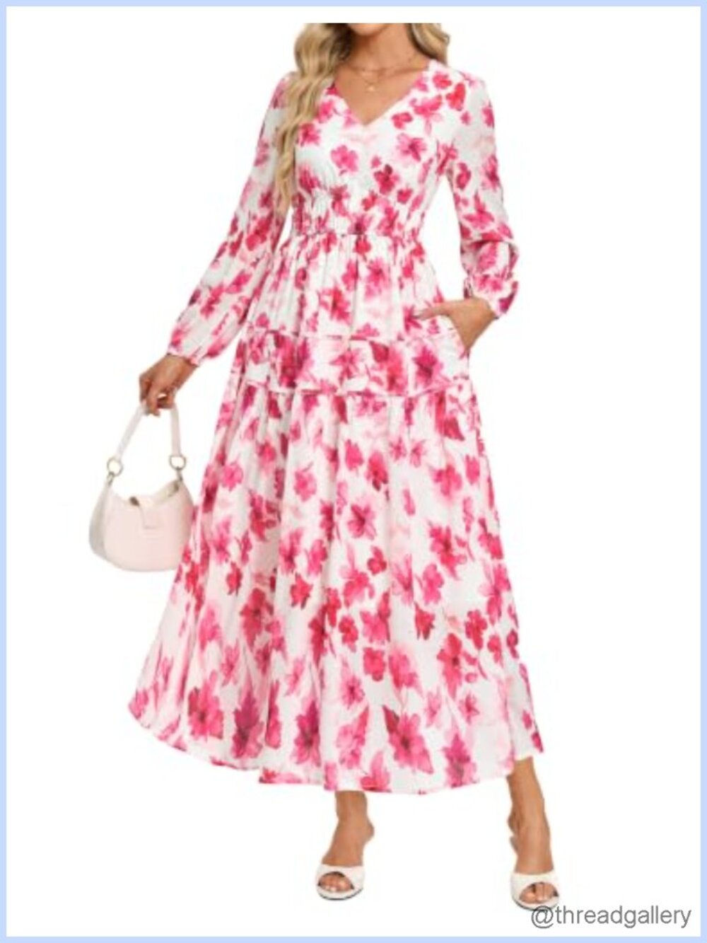 Womens Long Sleeve Floral Maxi Dress A-Line V-Neck Chiffon Semi-Formal
